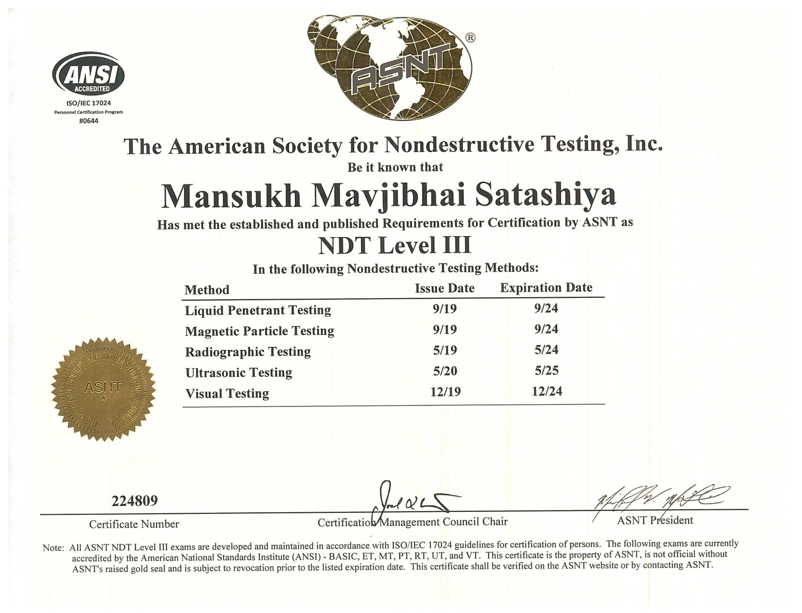 ASNT NDT level III in RT UT MPT PT and VT